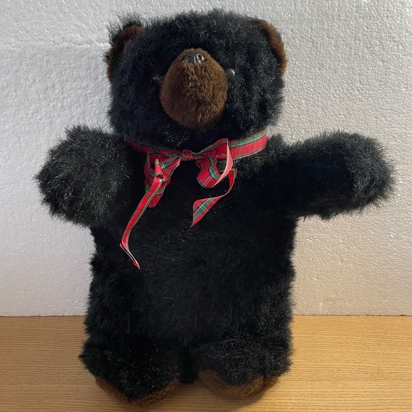 Country Critters Black Bear Plush w Christmas Plaid Ribbon Teddy Bear 18" Large - Picture 1 of 8
